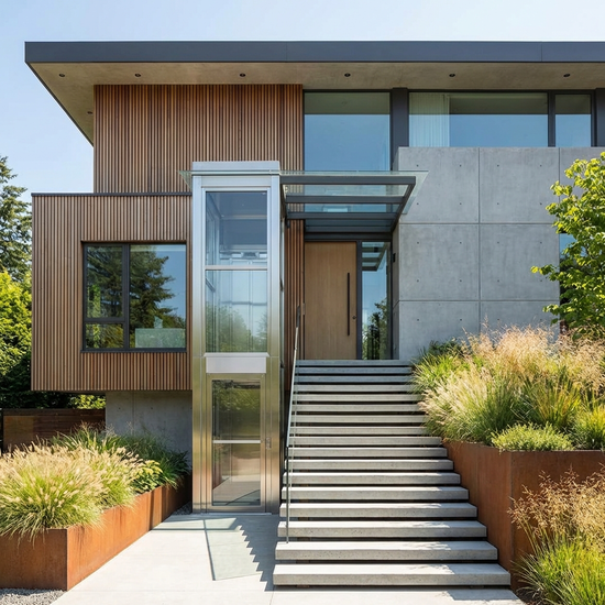 Moderne Hausfassade mit einem wetterfesten Außenlift an der Eingangstreppe