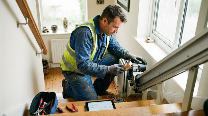 Techniker in Arbeitskleidung prüft den Motor eines Treppenlifts