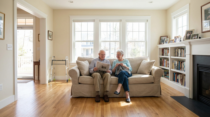 Älteres Ehepaar sitzt entspannt auf einem bequemen Sofa in einem hellen, barrierefreien Wohnzimmer ohne Stolperfallen