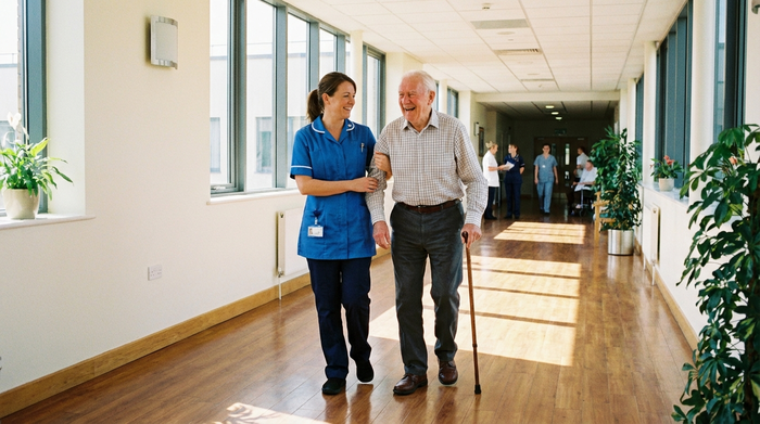 Freundliche Pflegerin unterstützt einen älteren Herrn beim sicheren Gehen in einem breiten, gut ausgeleuchteten Flur