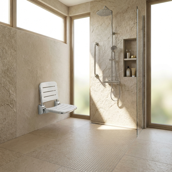 Rutschfeste Fliesen und ein klappbarer Duschsitz in einer hellen, geräumigen Duschkabine
