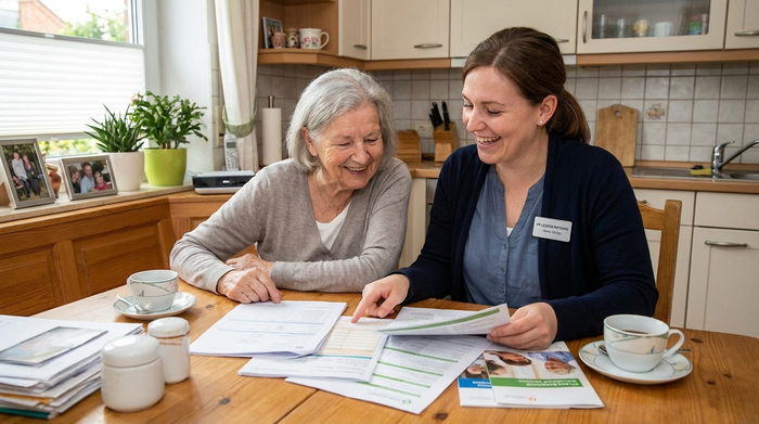 Ältere Dame und engagierte Pflegeberaterin sitzen gemeinsam am Küchentisch und besprechen Unterlagen