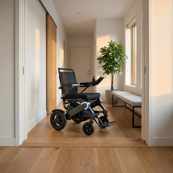 Moderner Elektrorollstuhl vor einer flachen Türschwelle in einem Wohnungsflur