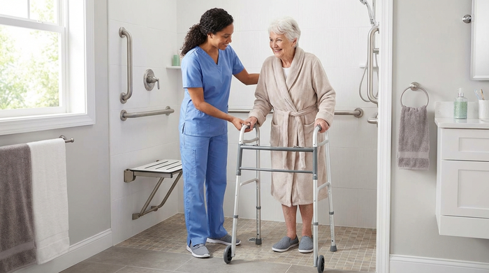 Pflegekraft hilft einer Seniorin sicher in eine bodengleiche Dusche mit Haltegriffen