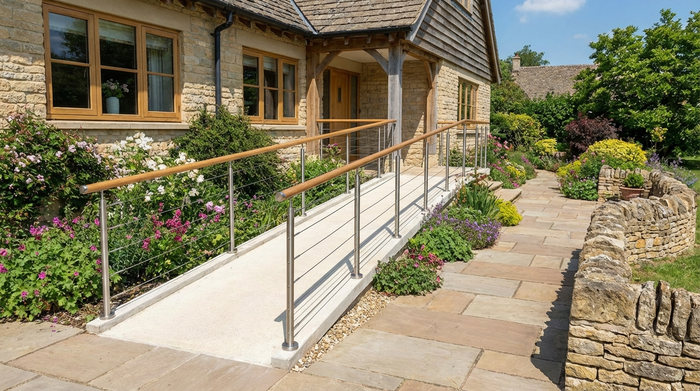 Feste, flache Betonrampe mit Geländer vor dem Eingang eines gepflegten Hauses