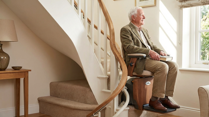 Älterer Herr fährt entspannt und sicher mit einem Treppenlift in das obere Stockwerk