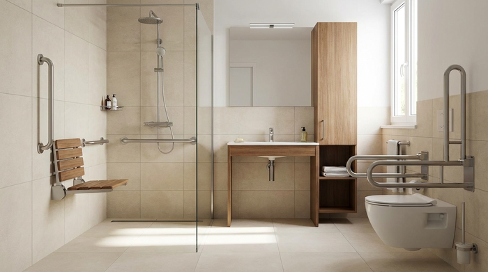Modernes, barrierefreies Badezimmer mit ebenerdiger Dusche, klappbarem Duschsitz und stabilen Haltegriffen an hellen Fliesen