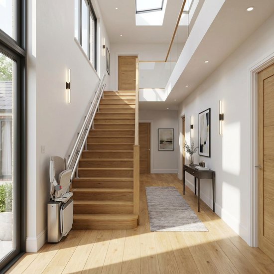 Breiter, gut beleuchteter Hausflur mit einem modernen Treppenlift an einer geraden Holztreppe.