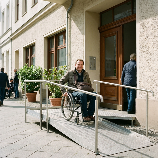 Rollstuhlfahrer nutzt eine flache, fest installierte Metallrampe im Eingangsbereich eines gepflegten Mehrfamilienhauses.