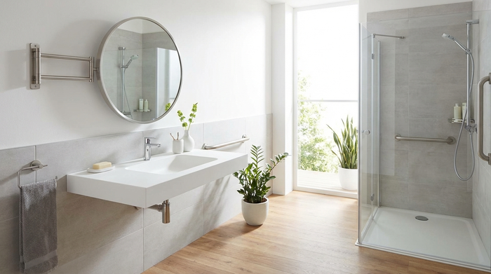 Unterfahrbares, flaches Waschbecken mit schwenkbarem Spiegel in einem hellen Badezimmer.