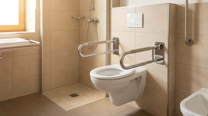 Seniorengerechtes, erhöhtes WC mit beidseitig montierten, klappbaren Stützgriffen.