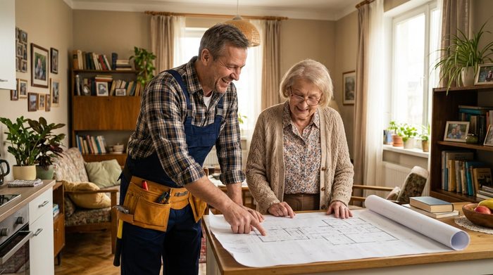 Freundlicher Handwerker in Arbeitskleidung bespricht mit einer älteren Dame einen Bauplan in ihrer Wohnung.