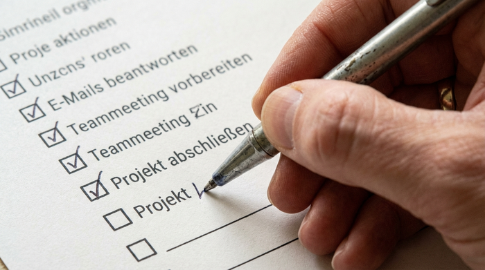 Nahaufnahme einer Hand, die mit einem Stift einen Punkt auf einer detaillierten Checkliste abhakt.