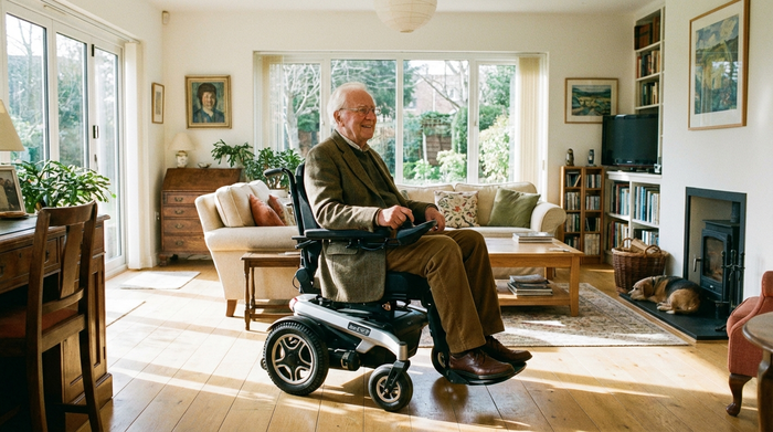 Älterer Herr im Elektrorollstuhl bewegt sich selbstständig durch ein breites, helles Wohnzimmer