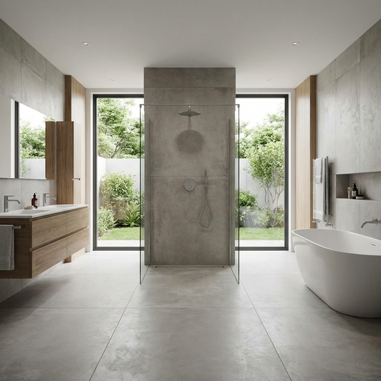 Modernes Badezimmer mit viel freier Bewegungsfläche und bodengleicher Dusche