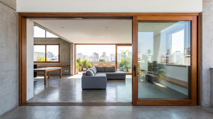 Breite, offene Schiebetür in einer modernen Wohnung