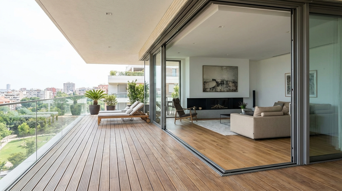 Bodengleicher Übergang zwischen Wohnzimmer und Balkon ohne Schwelle