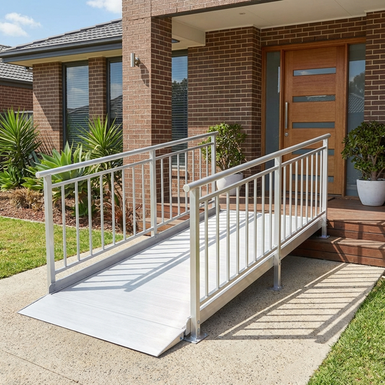 Flache, fest installierte Aluminiumrampe mit beidseitigem Geländer am Hauseingang