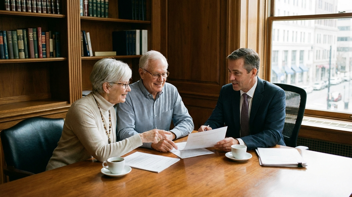 Älteres Ehepaar sitzt mit einem Berater am Tisch und bespricht Dokumente