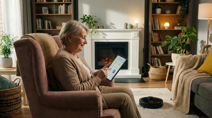 Ältere Dame nutzt ein Tablet im gemütlichen Wohnzimmer zur Steuerung von Smart-Home-Geräten