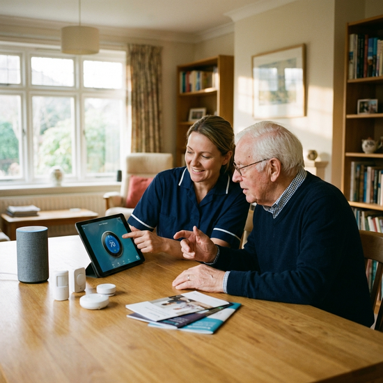 Pflegerin und Senior besprechen Smart-Home-Lösungen am Tisch