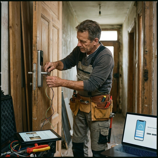 Handwerker installiert fachmännisch ein smartes Türschloss
