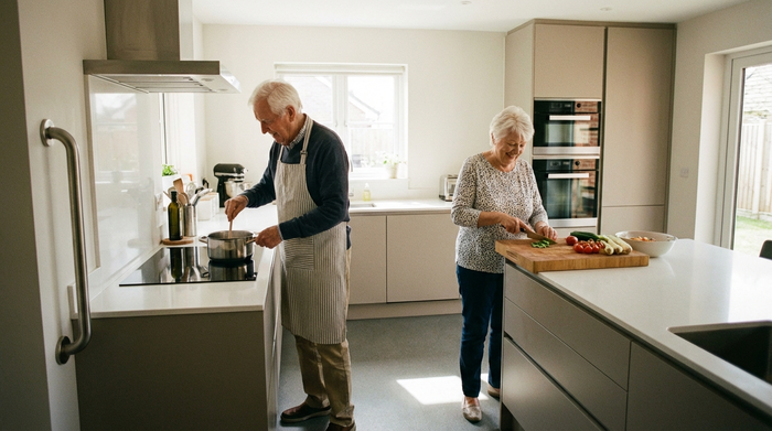 Seniorenpaar kocht sicher in moderner Küche