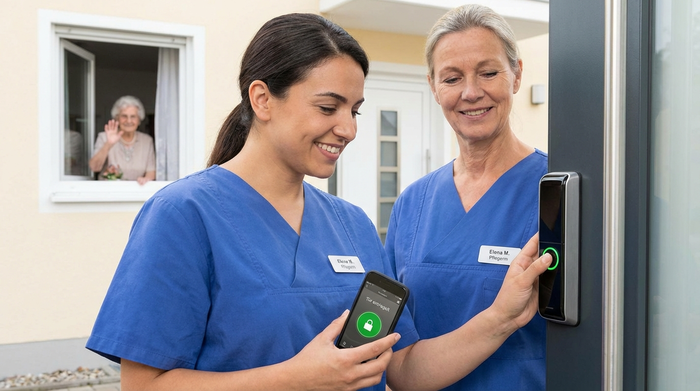 Pflegerin nutzt ein digitales Türschloss per Smartphone