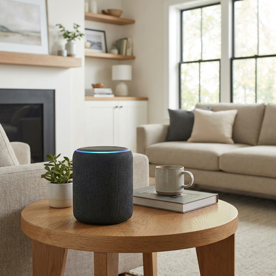 Sprachgesteuerter Lautsprecher auf einem Beistelltisch