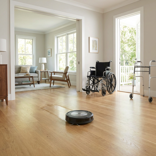 Saugroboter reinigt den Boden im barrierefreien Wohnzimmer