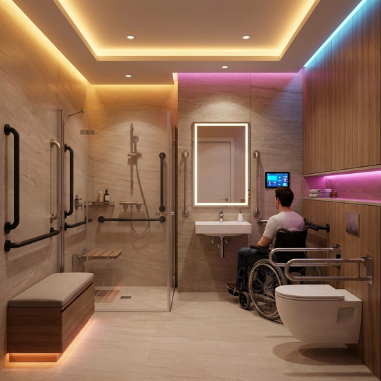 Barrierefreies Badezimmer mit Haltegriffen und smarter Beleuchtung