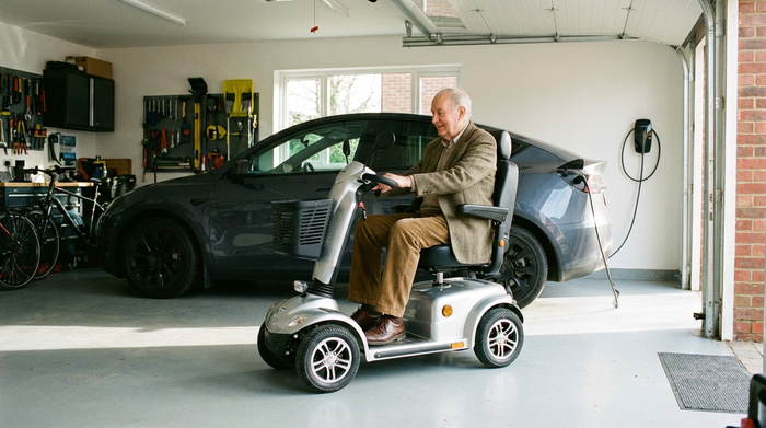 Älterer Herr parkt sein modernes Elektromobil sicher in einer hellen, aufgeräumten Garage neben einem Auto