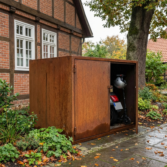 Wetterfeste Scooter-Box aus Metall im Vorgarten eines Einfamilienhauses