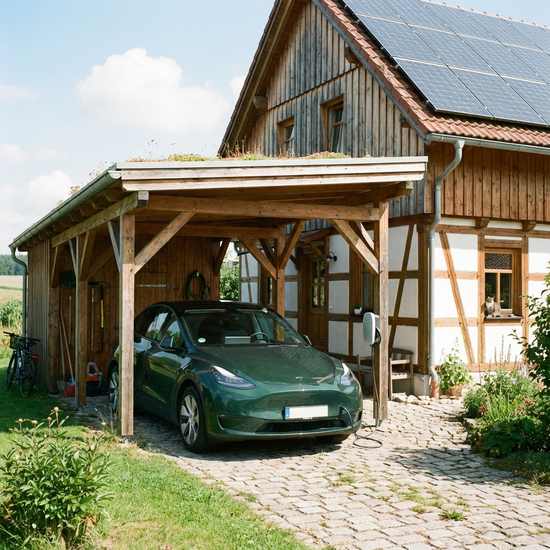 Elektromobil sicher geparkt unter einem Holz-Carport neben einem Wohnhaus