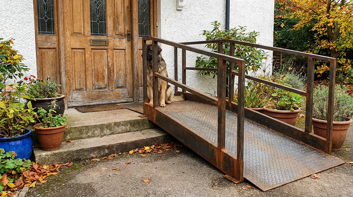 Stabile Auffahrrampe aus Metall an einer Haustür