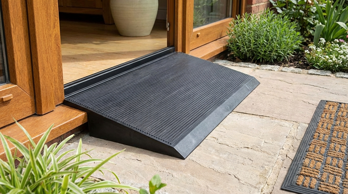 Kleine Schwellenrampe aus Gummi an einer Terrassentür