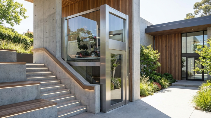 Moderner Hublift für Elektromobile neben einer Treppe