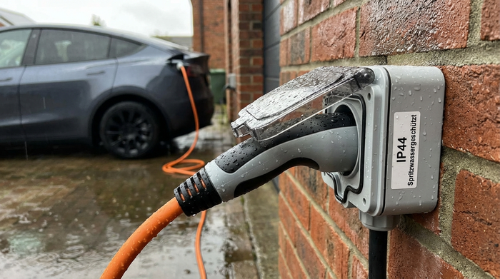 Kabel eines Elektromobils an einer spritzwassergeschützten Außensteckdose mit Klappdeckel