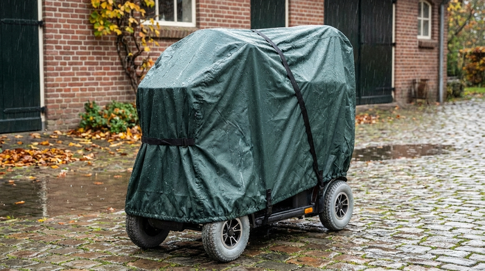 Elektromobil sicher abgedeckt mit einer wasserabweisenden Pelerine im Freien