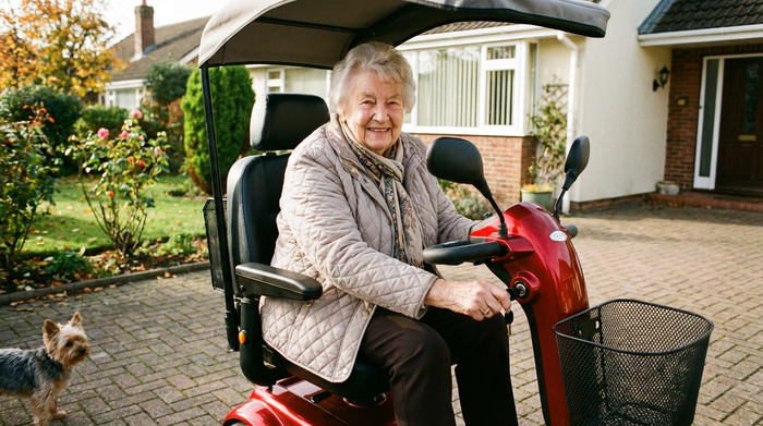 Seniorin bereitet sich auf die Fahrt mit dem Elektromobil vor, Schlüssel im Zündschloss