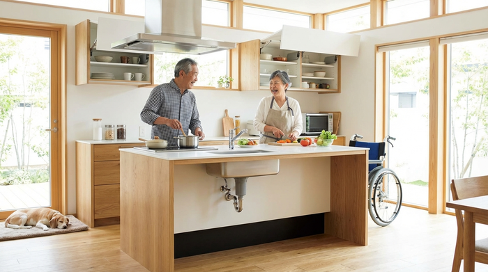 Älteres Ehepaar kocht fröhlich gemeinsam in einer hellen, modernen und barrierefreien Küche mit viel Bewegungsfreiraum