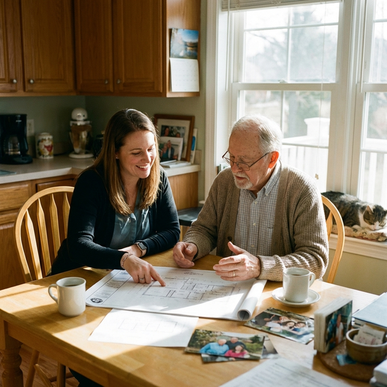 Freundliche Pflegeberaterin bespricht mit einem älteren Herrn am Küchentisch Baupläne für den Umbau
