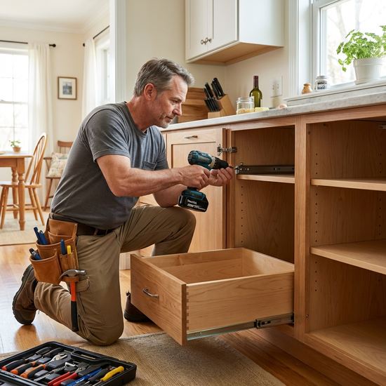 Handwerker montiert fachmännisch und sorgfältig einen neuen, ergonomischen Küchenschrank