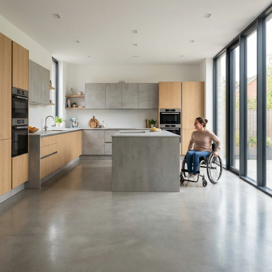 Großzügige Bewegungsfläche in einer modernen L-Küche, auf der sich ein Rollstuhlfahrer bequem drehen kann
