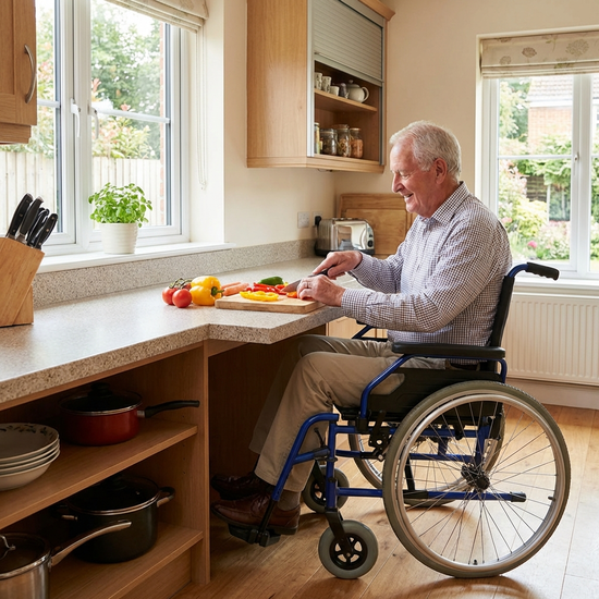 Unterfahrbare Küchenarbeitsplatte, an der ein Senior im Rollstuhl bequem Gemüse schneidet