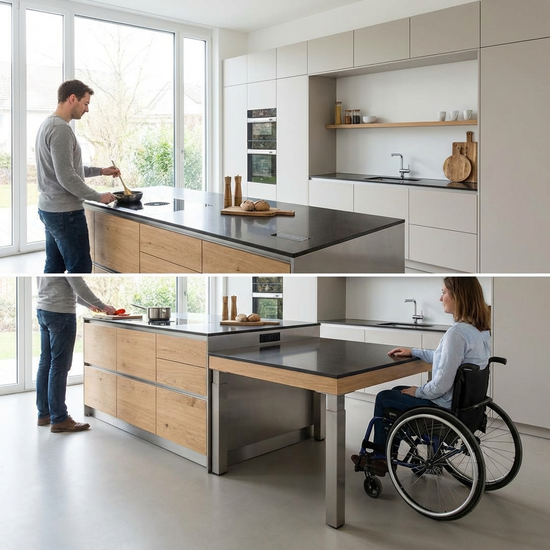 Elektrisch höhenverstellbare Kücheninsel, die sich stufenlos an die Körpergröße anpasst
