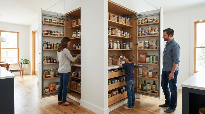 Vollständig herausgezogener Apothekerschrank, der von beiden Seiten komfortablen Zugriff auf Vorräte bietet