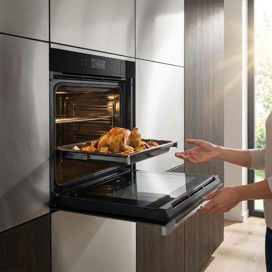 Modern hochgebauter Backofen in ergonomischer Greifhöhe mit herausgezogenem Teleskopauszug