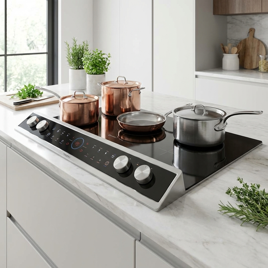 Flaches Induktionskochfeld mit gut erreichbaren Bedienelementen an der Vorderseite