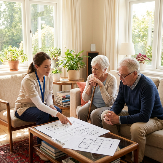 Pflegerin berät Senioren-Ehepaar im hellen Wohnzimmer anhand von Grundrissen